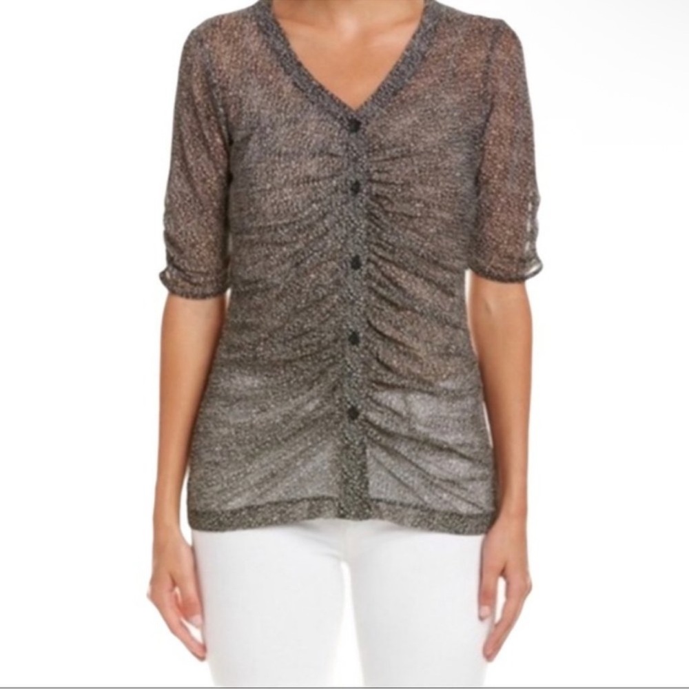 CAbi #241 Gathered Placket Sheer Blouse Button Printed Half Sleeve